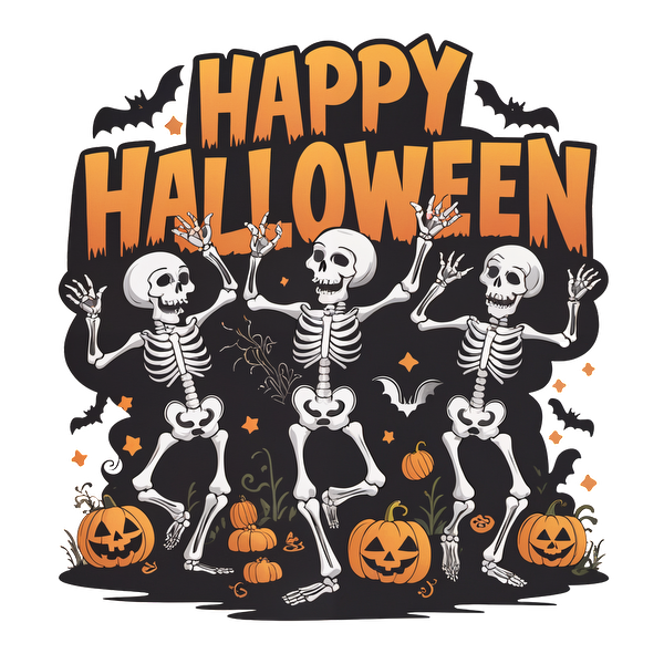 ¡Celebre Halloween con este gráfico animado que presenta esqueletos danzantes, calabazas vibrantes y un texto llamativo que dice "Feliz Halloween"!