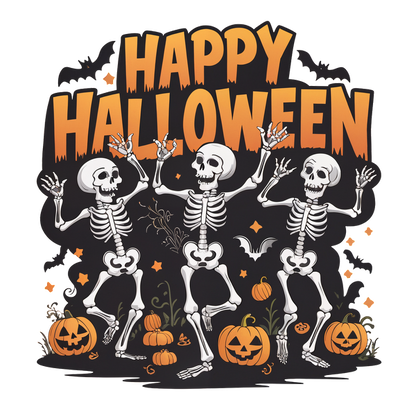 ¡Celebre Halloween con este gráfico animado que presenta esqueletos danzantes, calabazas vibrantes y un texto llamativo que dice "Feliz Halloween"!