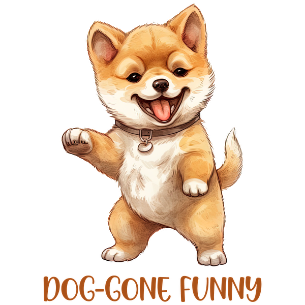 Un alegre dibujo animado de Shiba Inu con una expresión juguetona, que muestra su ternura y encanto bajo el texto "DOG-GONE FUNNY".