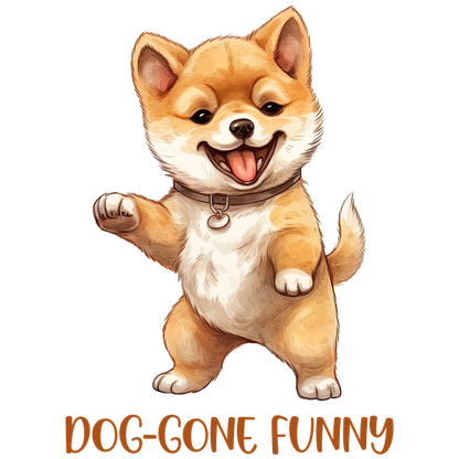 Un alegre dibujo animado de Shiba Inu con una expresión juguetona, que muestra su ternura y encanto bajo el texto "DOG-GONE FUNNY".