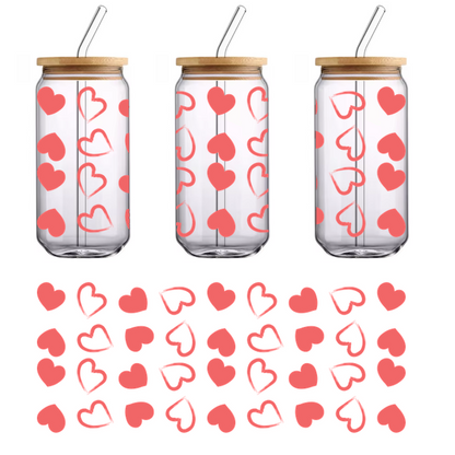 A playful pattern featuring various pink hearts outlined in a contrasting color, perfect for romantic designs.UV Transfers dtf transfers