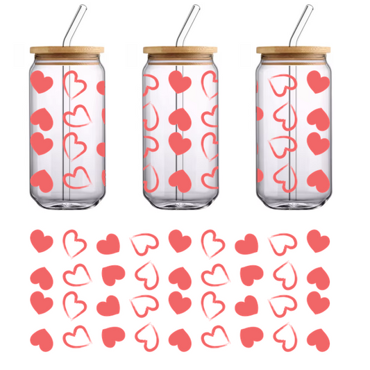 A playful pattern featuring various pink hearts outlined in a contrasting color, perfect for romantic designs.UV Transfers dtf transfers