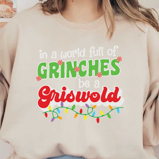 Celebrate the holidays with this fun, colorful quote: "In a world full of Grinches, be a Griswold," surrounded by festive decorations.DTF Transfers heat press transfers heat press transfers