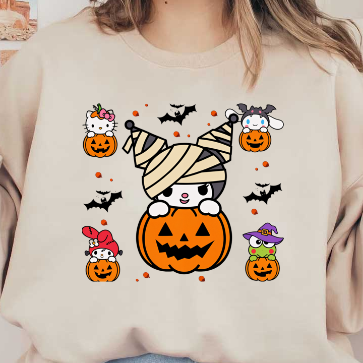 A cheerful Halloween-themed illustration featuring adorable characters inside carved pumpkins, complete with costumes and festive details.DTF Transfersdtf regular iron