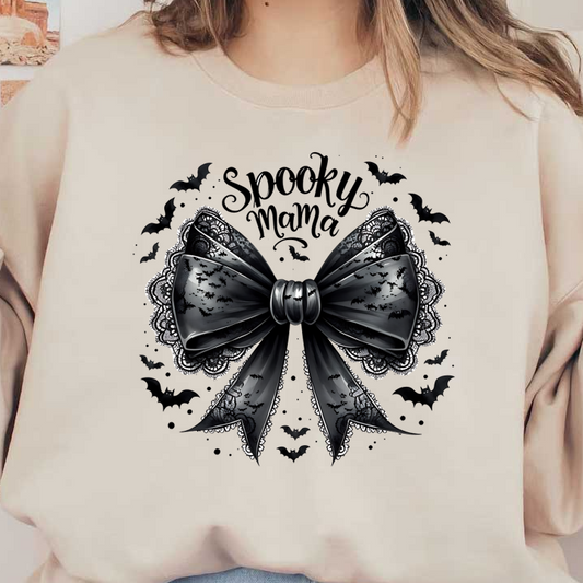 A stylish black bow adorned with lace and bats, featuring the playful text "Spooky Mama," perfect for Halloween festivities. dtf prints