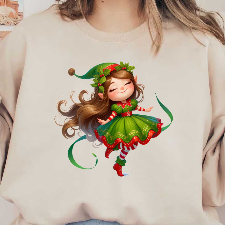 A cheerful elf girl in a vibrant green dress, adorned with red and white stripes, and a holly crown.DTF Transfersdtf regular iron