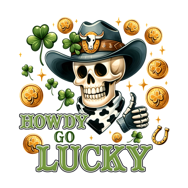 Un gráfico de calavera de vaquero caprichoso que presenta tréboles de la suerte, monedas de oro y un divertido diseño de texto "Howdy Go Lucky".