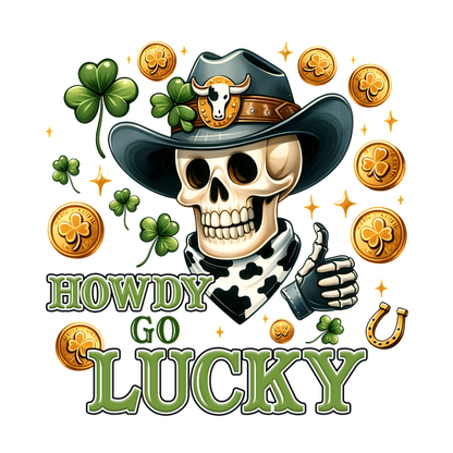 Un gráfico de calavera de vaquero caprichoso que presenta tréboles de la suerte, monedas de oro y un divertido diseño de texto "Howdy Go Lucky".