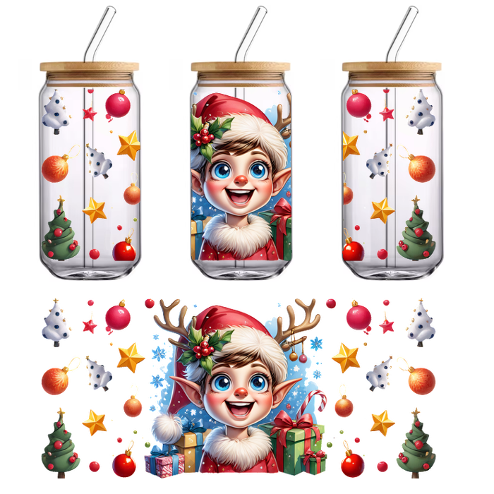 A cheerful, cartoonish young elf with antlers and a festive outfit surrounded by Christmas decorations and gifts.UV Transfers dtf transfers