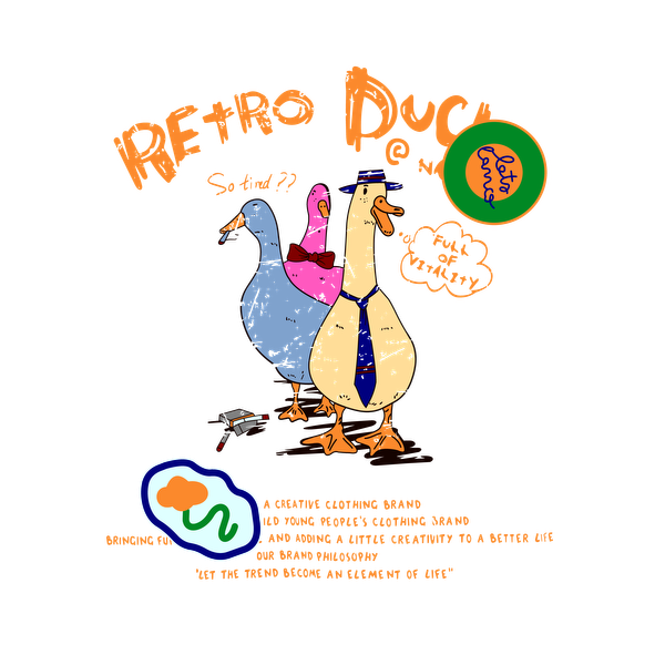 Colorful and playful illustration featuring three retro-style ducks wearing accessories, promoting a fun brand with a whimsical vibe.dtf regular iron