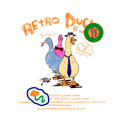 Colorful and playful illustration featuring three retro-style ducks wearing accessories, promoting a fun brand with a whimsical vibe.dtf regular iron