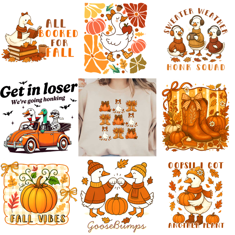 Celebrate the cozy vibes of fall with playful goose-themed illustrations!DTF Transfers