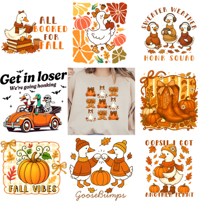 Celebrate the cozy vibes of fall with playful goose-themed illustrations!DTF Transfers