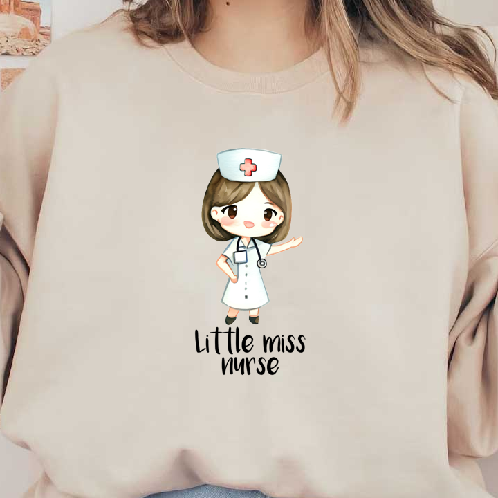 A cute cartoon nurse in a white dress, complete with a stethoscope and nurse's cap, cheerfully gesturing with a smile.DTF Transfers