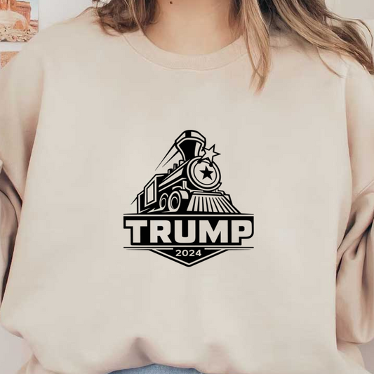 Un logotipo negro llamativo que presenta un tren de vapor con la leyenda "TRUMP 2024" destacada, que simboliza un tema de campaña.