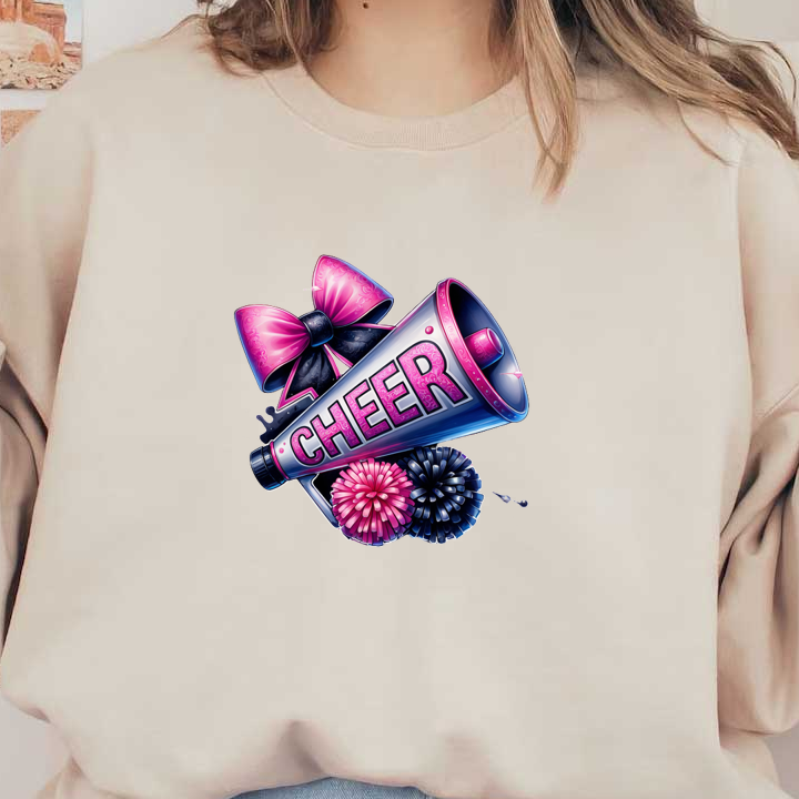 Colorful cheer megaphone with the word "CHEER," adorned with pink bows and pom-poms, perfect for spirited celebrations!DTF Transfersdtf regular iron