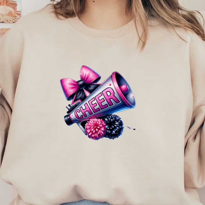 Colorful cheer megaphone with the word "CHEER," adorned with pink bows and pom-poms, perfect for spirited celebrations!DTF Transfersdtf regular iron
