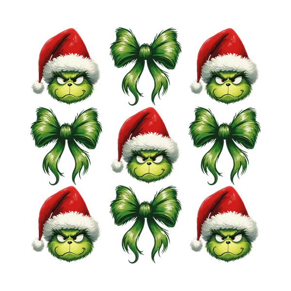 Un patrón festivo divertido que presenta caras de Grinch con gorros de Papá Noel y lazos verdes vibrantes, perfecto para diseños navideños.