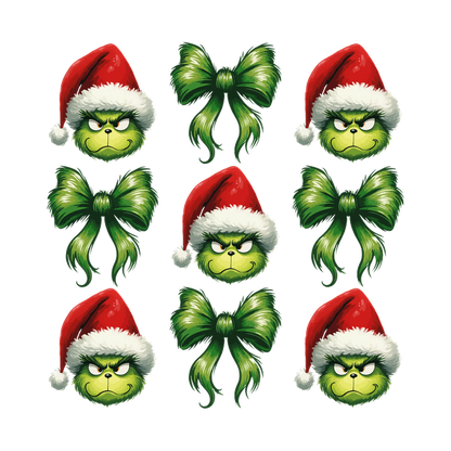 A festive pattern featuring the Grinch in a Santa hat and vibrant green bows, perfect for holiday decorations. dtf prints