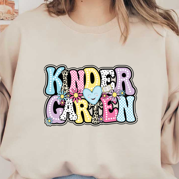 A colorful and playful "KINDERGARTEN" design featuring cheerful typography, flowers, and a smiling heart, perfect for children's education!DTF Transfers