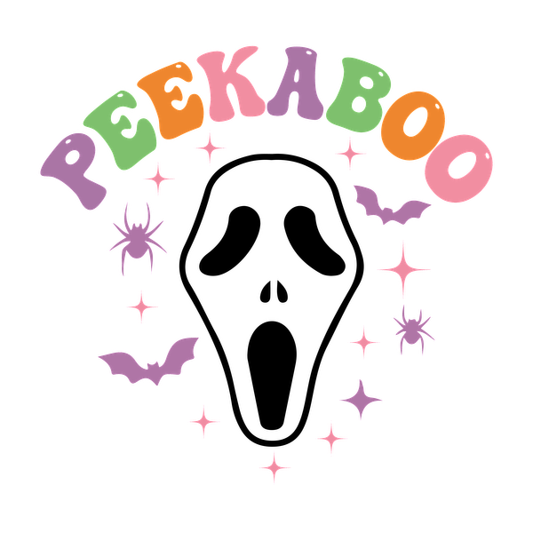 Colorful "PEEKABOO" lettering surrounded by playful bats, spiders, and stars, perfect for a Halloween-themed design.dtf regular iron