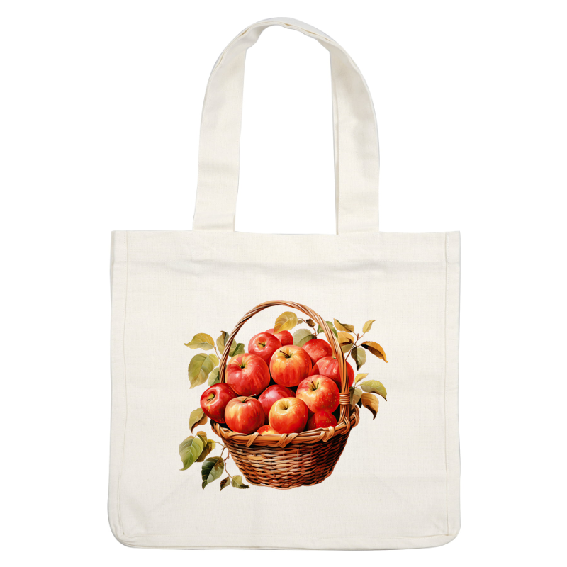 A beautifully woven basket overflowing with vibrant red apples and accented with fresh green leaves. dtf prints