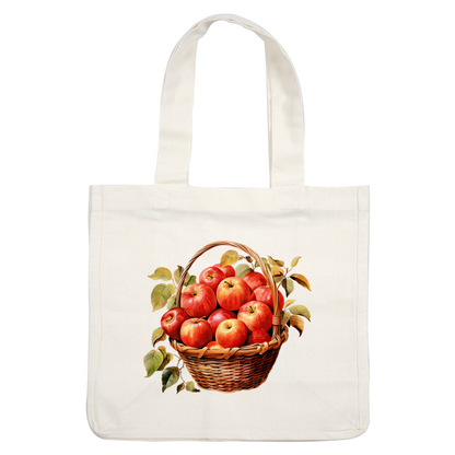 A beautifully woven basket overflowing with vibrant red apples and accented with fresh green leaves. dtf prints