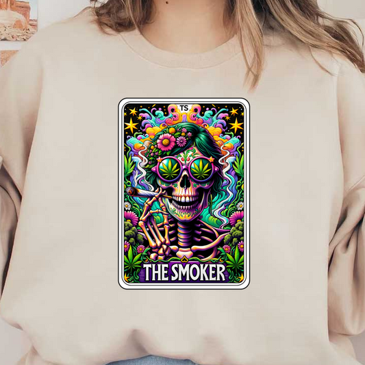 A vibrant, psychedelic artwork featuring a skeleton with flower adornments and cannabis-themed sunglasses, titled "The Smoker." dtf prints