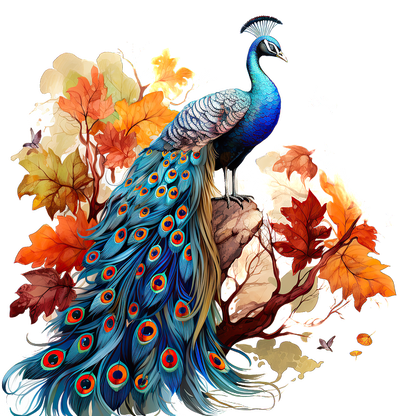 A vibrant peacock stands majestically on a rock, surrounded by colorful autumn leaves. dtf transfers