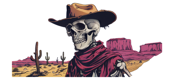 A cool skeleton cowboy in a wide-brimmed hat and red bandana stands confidently in a desert landscape.UV Transfers heat press transfers