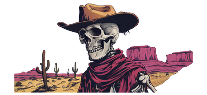 A cool skeleton cowboy in a wide-brimmed hat and red bandana stands confidently in a desert landscape.UV Transfers heat press transfers