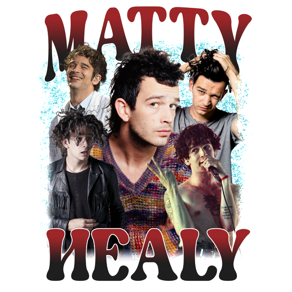 Un collage vibrante de Matty Healy que muestra sus expresiones dinámicas y diversos estilos, resaltados por una tipografía audaz. Transferencias DTF