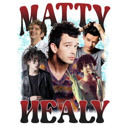 Un collage vibrante de Matty Healy que muestra sus expresiones dinámicas y diversos estilos, resaltados por una tipografía audaz. Transferencias DTF