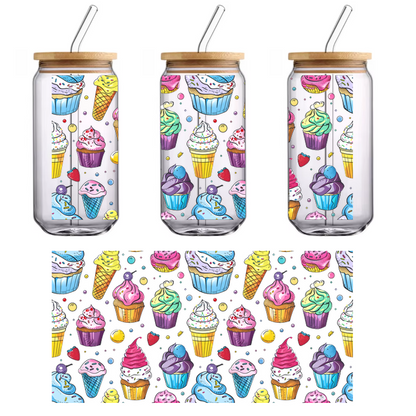A colorful pattern featuring various cupcakes and ice cream cones, perfect for celebrations!UV Transfers