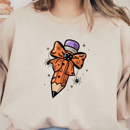 Un lápiz extravagante con temática de Halloween adornado con un lazo naranja con calabazas y murciélagos, rematado con una goma de borrar violeta.