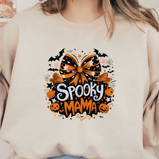 Un divertido diseño con temática de Halloween que presenta las palabras "Spooky Mama" en medio de calabazas y un lazo festivo en naranja y negro.