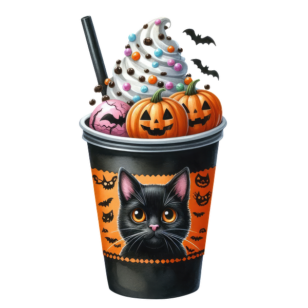 ¡Disfruta de una taza de postre festiva con temática de Halloween cubierta con remolinos de crema, chispas de colores y divertidos detalles de calabazas y gatos!