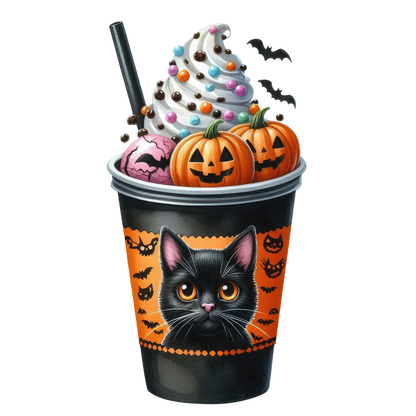 ¡Disfruta de una taza de postre festiva con temática de Halloween cubierta con remolinos de crema, chispas de colores y divertidos detalles de calabazas y gatos!