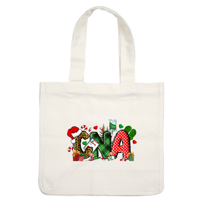 A vibrant and festive design featuring the letters "C," "N," and "A," adorned with holiday elements and medical symbols.DTF Transfers