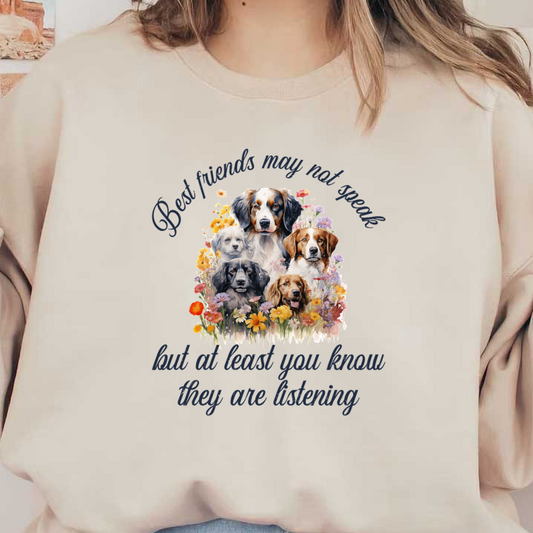 A heartwarming design featuring adorable dogs surrounded by flowers, with the quote, "Best friends may not speak, but at least you know they are listening."dtf regular iron