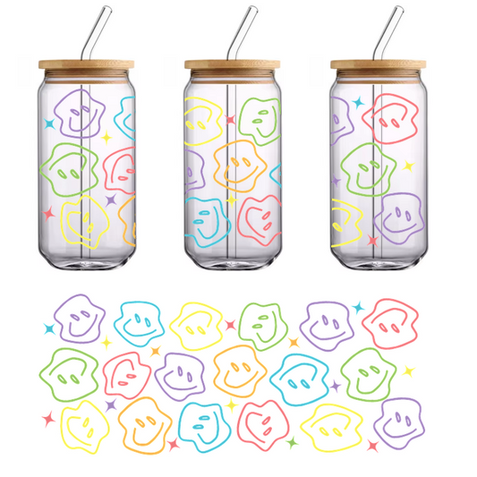 A vibrant, playful pattern featuring colorful smiley faces and stars, perfect for adding a cheerful touch to any design.UV Transfers dtf prints dtf transfers