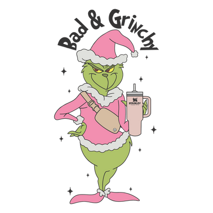 A playful illustration of the Grinch in a pink holiday outfit, holding a Stanley tumbler, exuding a grumpy yet festive vibe.DTF Transfersdtf regular iron