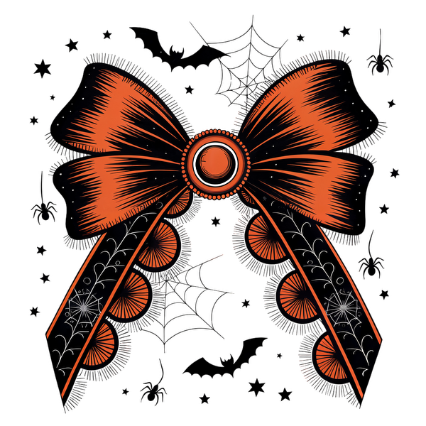 Un lazo naranja y negro vibrante con una gema central, adornado con patrones de telaraña, perfecto para decoraciones de Halloween.