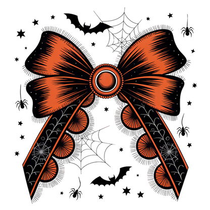 Un lazo naranja y negro vibrante con una gema central, adornado con patrones de telaraña, perfecto para decoraciones de Halloween.