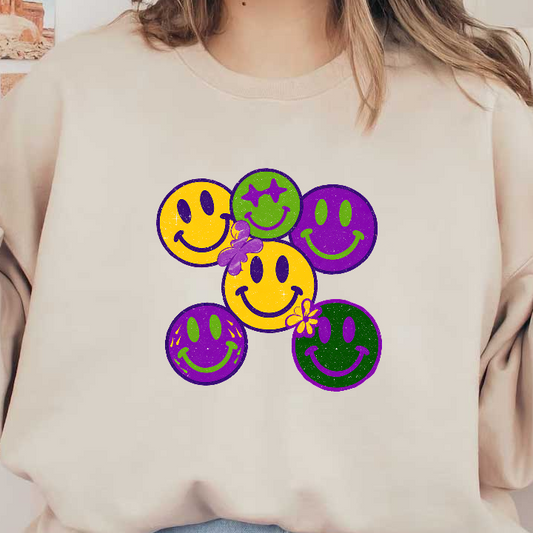 A colorful arrangement of smiley faces in yellow, green, and purple, featuring playful designs and charming decorative elements.DTF Transfers