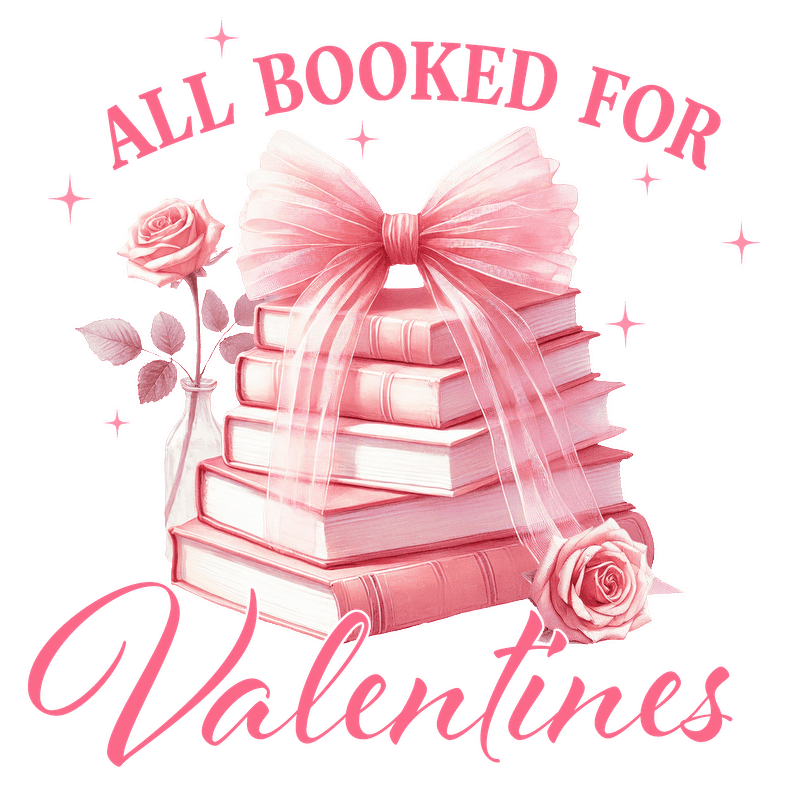 Celebrate Valentine's Day with this charming design featuring a stack of pink books, adorned with a lovely bow and rose.DTF Transfers