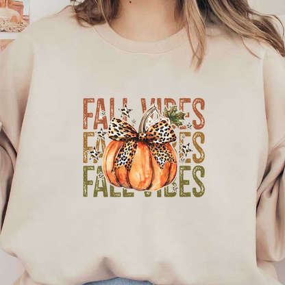 A vibrant autumn-themed illustration featuring a leopard-print bow pumpkin and the text "Fall Vibes" in earthy tones. dtf prints