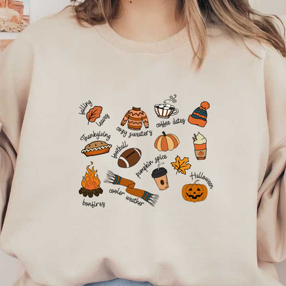 A charming collection of fall-themed illustrations, featuring cozy sweaters, pumpkin treats, hot drinks, and festive decorations. dtf transfers