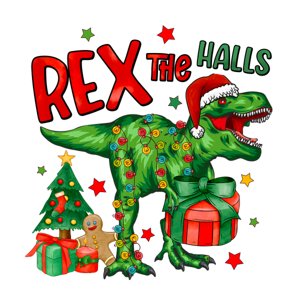 A festive dinosaur wearing a Santa hat, adorned with bells and surrounded by Christmas gifts and a tree, brings holiday cheer. dtf prints