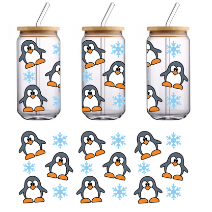 A cheerful pattern featuring cute cartoon penguins and blue snowflakes, perfect for winter-themed designs and decorations.UV Transfers heat press transfers